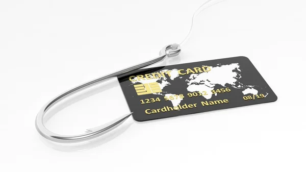 낚시 훅 및 신용 카드에 고립 된 흰색 배경 — 스톡 사진