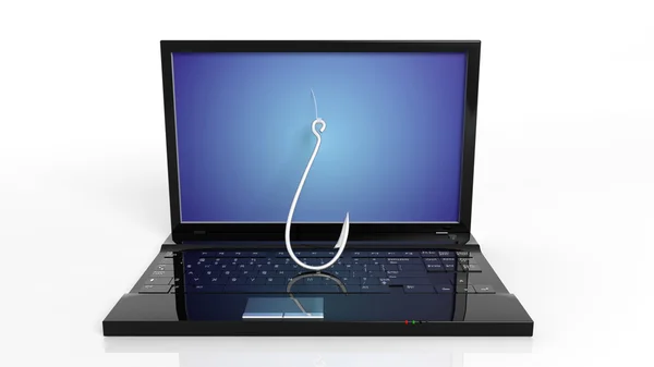Crochet de pêche sur écran d'ordinateur portable, isolé sur fond blanc — Photo
