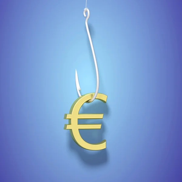 Gancio da pesca con segno Euro, su sfondo blu . — Foto Stock