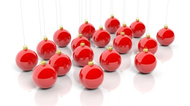 Kırmızı Noel topları, beyaz arka planda izole edilmiş..