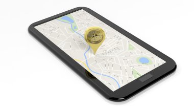 Tanıtıcısında konumu bir tablet ekranıyla beyaz arka plan üzerinde izole harita, pusula.