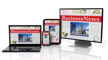 Tablet, dizüstü bilgisayar, monitör ve smartphone, üzerinde beyaz izole. Duyarlı web tasarım konsepti.
