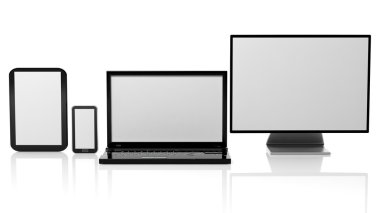 Beyaz arka plan üzerinde izole siyah ekranlı tablet, dizüstü bilgisayar, monitör ve smartphone şablonları.