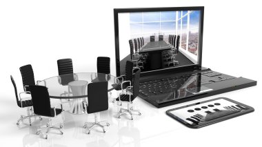 Tablet, dizüstü bilgisayar ve yuvarlak cam toplantı masa sandalye, beyaz arka plan üzerinde izole ile.