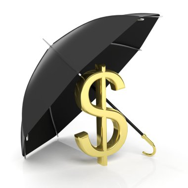 Altın dolar işareti üzerinde beyaz izole büyük siyah şemsiyesi altında.