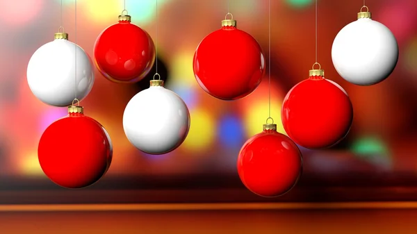 Röda och vita julgranskulor, på festliga bakgrund med bokeh. — Stockfoto