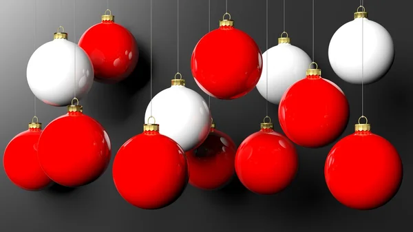 ลูกบอลคริสต์มาสสีแดงและขาว ถูกแยกจากพื้นหลังสีดํา . — ภาพถ่ายสต็อก