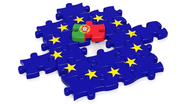 Jigsaw puzzle flag of European Union with Portugal flag piece, isolated on white. — Stock Photo, Image