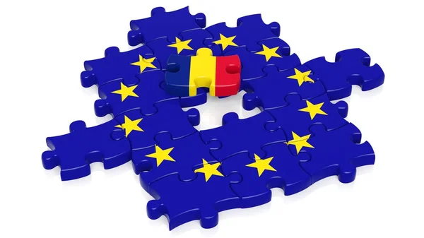 Jigsaw puzzle drapelul Uniunii Europene cu piesa de pavilion a Romaniei, izolata pe alb . — Fotografie, imagine de stoc