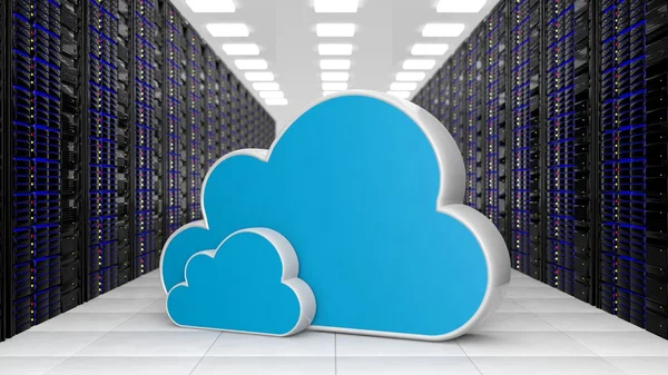 Rechenzentrum mit zwei Cloud-Speichersymbolen — Stockfoto