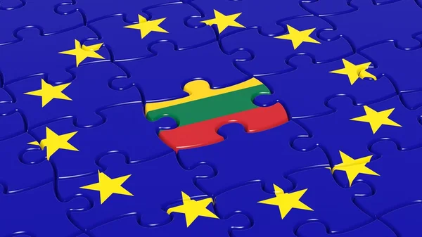 Kirakós játék Litvánia lobogója darab Európai Unió zászlaja. — Stock Fotó