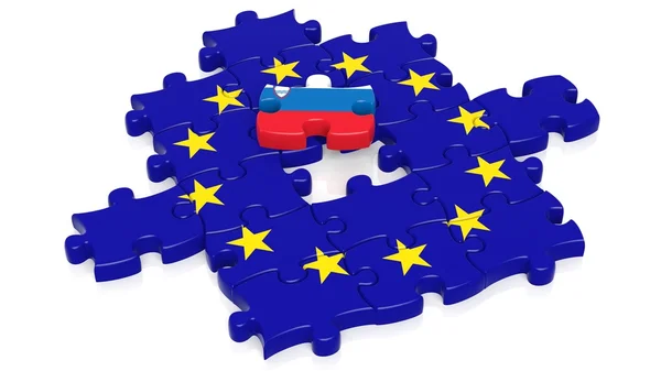 Jigsaw puzzle flag of European Union with Slovenia flag piece, isolated on white. — Stock Photo, Image