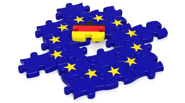 Jigsaw puzzle flag of European Union with Germany flag piece, isolated on white. — Stock Photo, Image