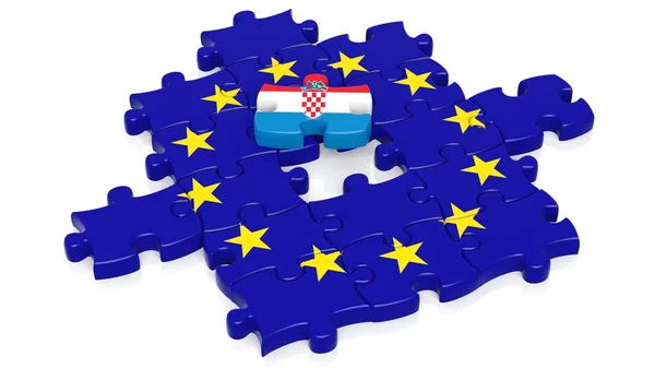 Jigsaw puzzle flag of European Union with Croatia flag piece, isolated on white. — Stock Photo, Image