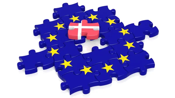 Jigsaw puzzle vlag van de Europese Unie met Denemarken vlag stuk, geïsoleerd op wit. — Stockfoto