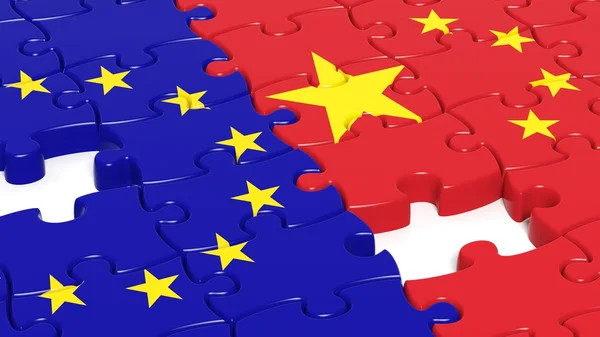 Rompecabezas, bandera de la UE y bandera de China — Foto de Stock