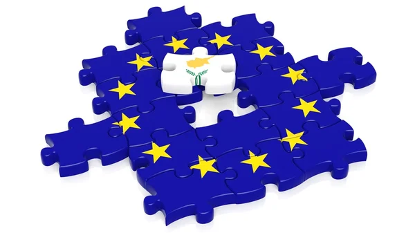 Jigsaw puzzle vlag van de Europese Unie met Cyprus vlag stuk, geïsoleerd op wit. — Stockfoto