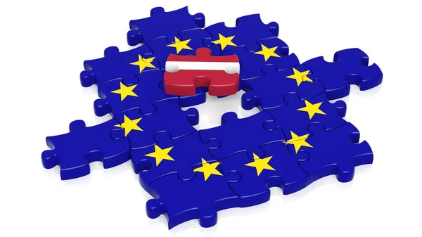 Jigsaw puzzle flag dell'Unione europea con pezzo bandiera Lettonia, isolato su bianco . — Foto Stock
