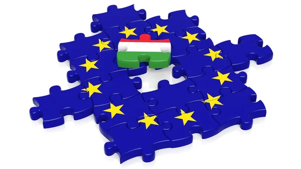 Puzzle drapeau de l'Union européenne avec drapeau hongrois, isolé sur blanc . — Photo