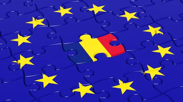 Jigsaw puzzle vlag van de Europese Unie met Roemenië vlag stuk. — Stockfoto