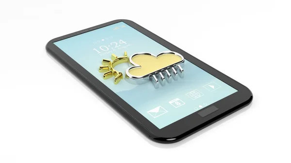 Tablet / smartphone with cloud and sun symbols, isolated on white. Weather forecast concept. — Stock Photo, Image