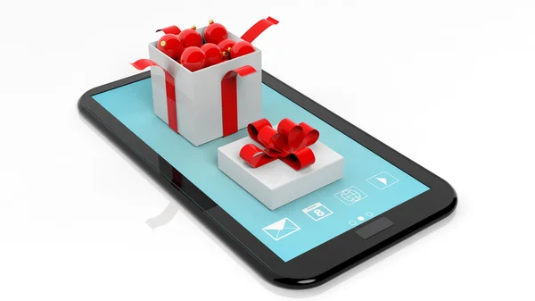 Offene Geschenkbox voller Weihnachtskugeln auf Tablet-Bildschirm, isoliert auf weiß. — Stockfoto