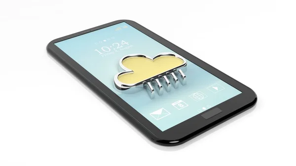 Tablet / smartphone bulut simgesiyle beyaz izole. Hava tahmini kavramı. — Stok fotoğraf