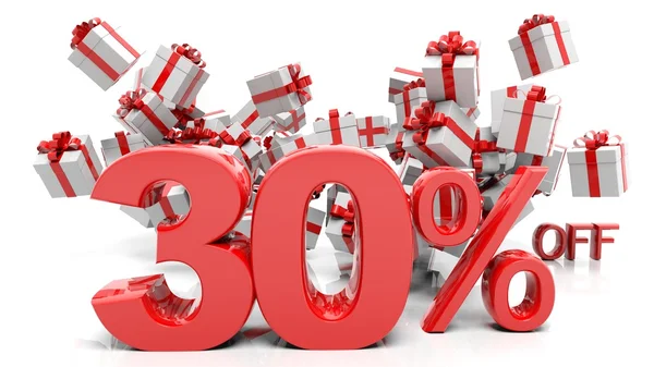 30% 3D-Zahlen mit Geschenkschachteln, isoliert auf weißem Hintergrund. — Stockfoto