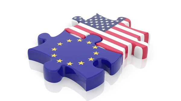 Puzzleteile, EU-Flagge und US-Flagge, isoliert auf weiß. — Stockfoto