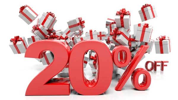 20% 3D numbers with bunch of gift boxes,isolated on white background. — Stock Photo, Image