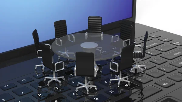 Laptop com mesa de reunião de vidro redondo com cadeiras no teclado — Fotografia de Stock