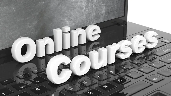 Online Courses 3D text on laptop keyboard, with blackboard on screen. — Stock Photo, Image