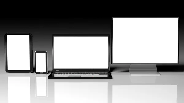 Tablet PC, laptop, monitor en smartphone sjablonen met zwarte schermen — Stockfoto