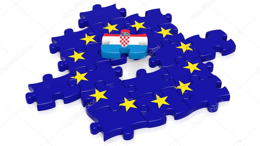 Jigsaw puzzle flag of European Union with Croatia flag piece, isolated on white.