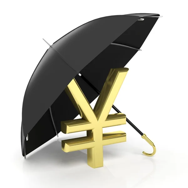 白で隔離、大きな黒の傘の下で黄金の円記号. — ストック写真
