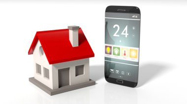 Smartphone with home remote control screen and house icon, isolated on white background.