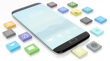 Smartphone template with apps in shape of a beveled square, isolated on white background.