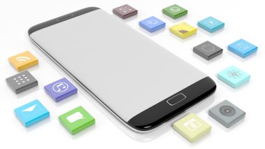 Smartphone template with apps in shape of a beveled square, isolated on white background.