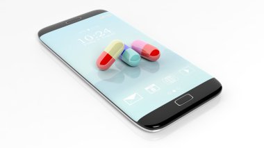 Colorful caplets on smartphone screen, isolated on white background