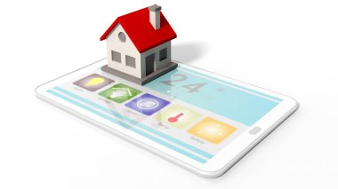 Beyaz arka plan üzerinde izole akıllı ev uzaktan kumanda ekran ve ev simgesi olan tablet.