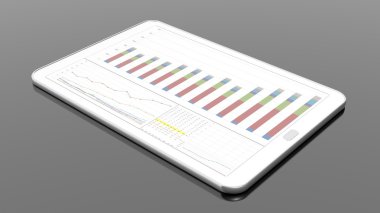 Siyah çubuk grafik grafik tablet ekranında, siyahta izole.