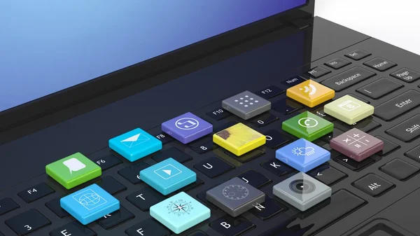 Ordenador portátil con aplicaciones cuadradas biseladas en el teclado —  Fotos de Stock