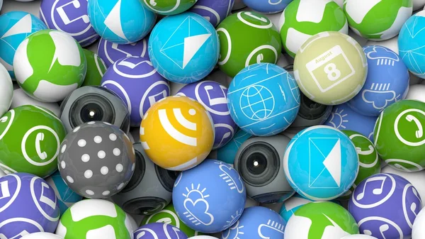 Background crowded with various apps in shape of a ball. — 图库照片