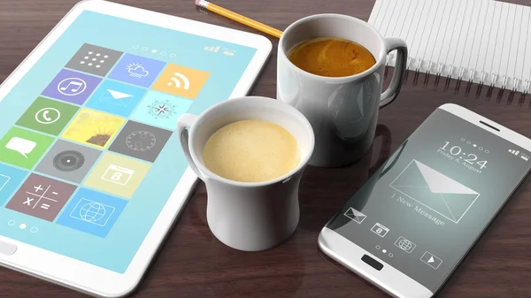 Due tazze con caffè, tablet, smartphone, blocco note e matita, su tavolo in legno . — Foto Stock