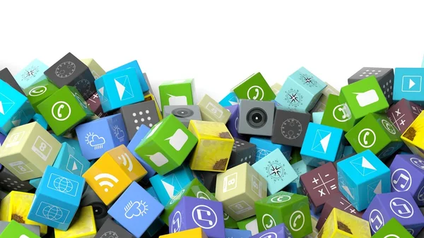 Various apps in shape of a cube, with copy-space on white background. — 图库照片
