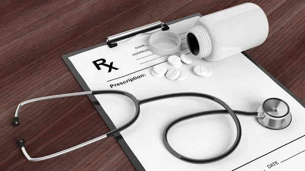 Blank prescription form with bottle of pills and stethoscope, on wooden desktop. — Φωτογραφία Αρχείου