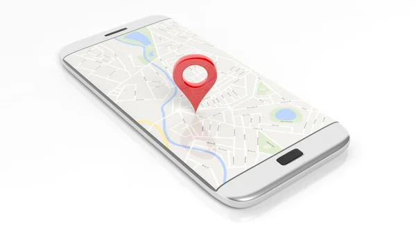 Smartphone com mapa e pinpoint vermelho na tela, isolado no fundo branco . — Fotografia de Stock