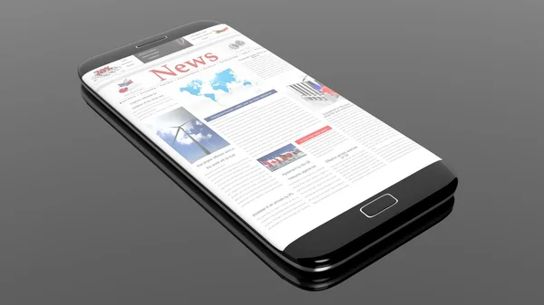 Schwarzer Smartphone-Rand mit Nachrichten-Website auf dem Bildschirm, isoliert auf schwarz. — Stockfoto