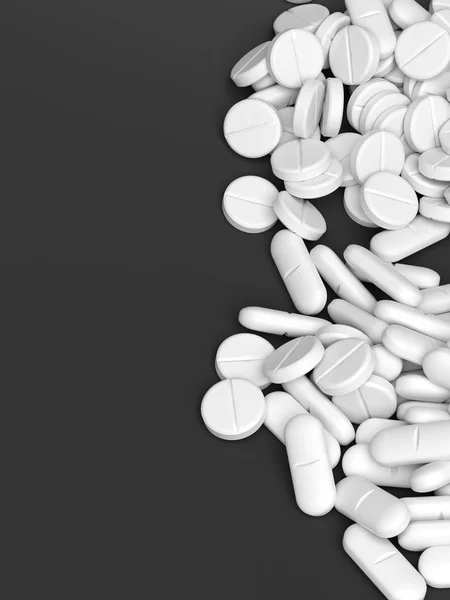 Vita tabletter och caplets, isolerad på svart bakgrund. — Stockfoto
