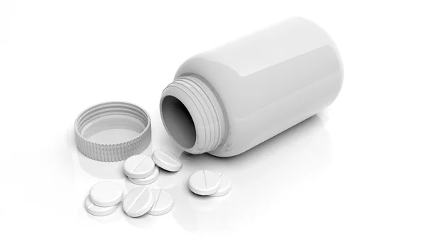 White blank bottle and pills, isolated on white background. — Stock Photo, Image